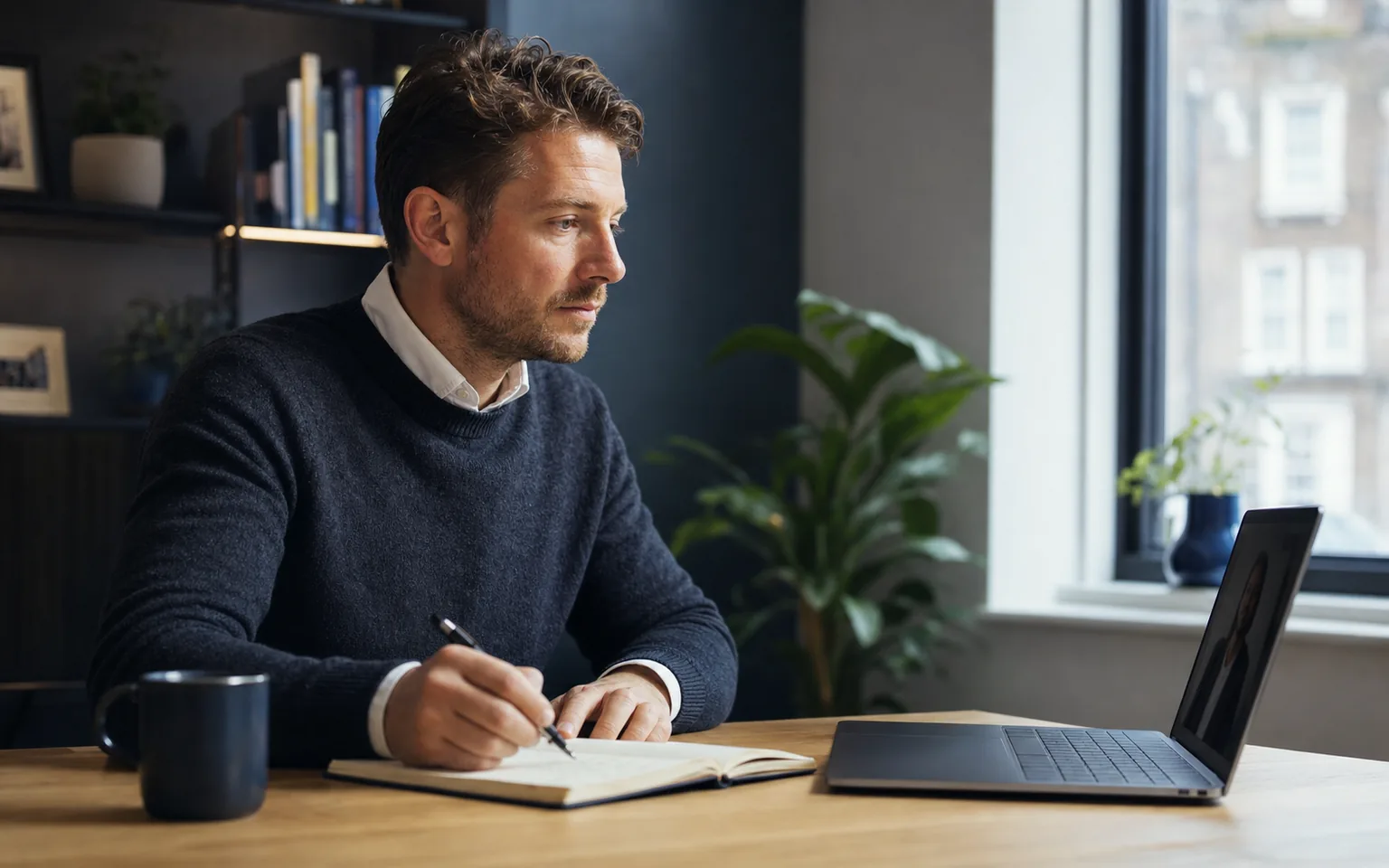 A business consultant taking notes during a client video call